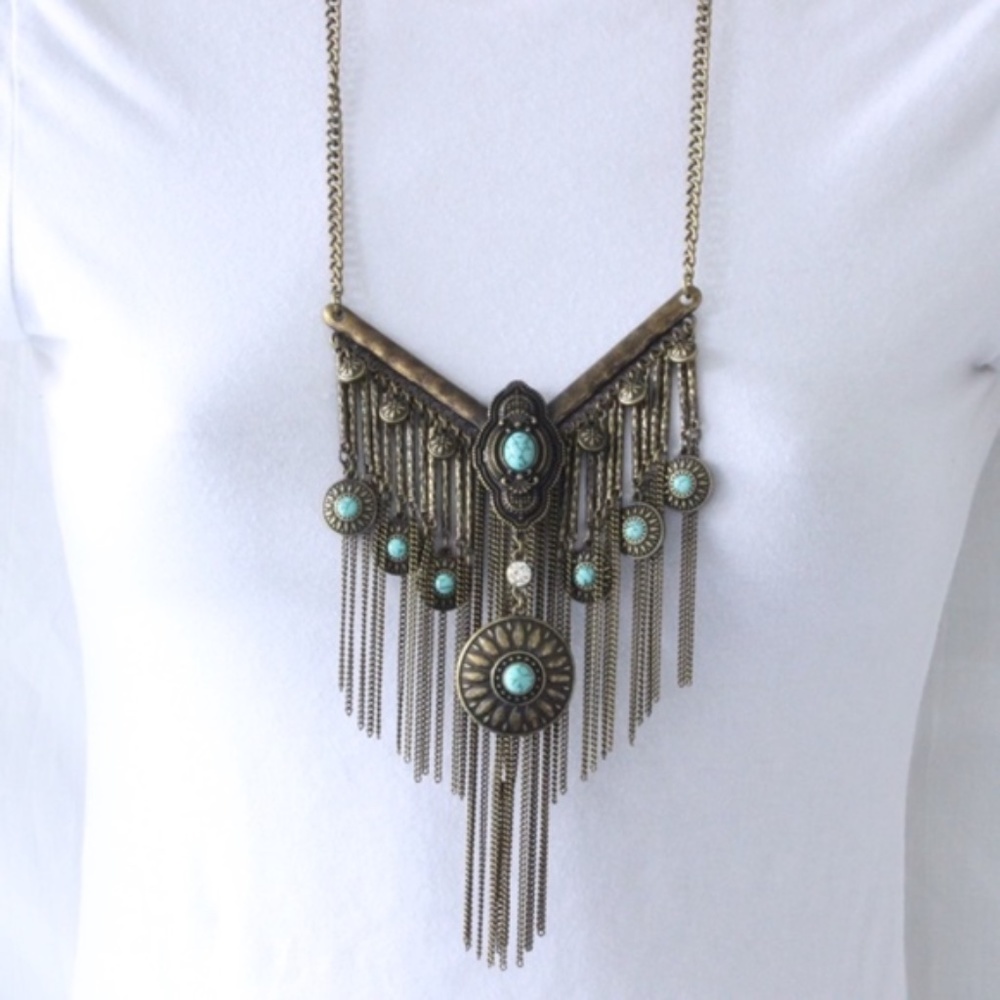 New Boho Statement Necklace Brass Turquoise - Picture 2 of 8
